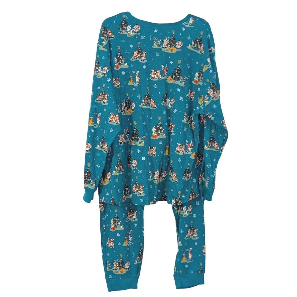Disney Parks Christmas Pajamas Set Mickey Minnie Goofy Teal Blue 2X NWT - Picture 4 of 9